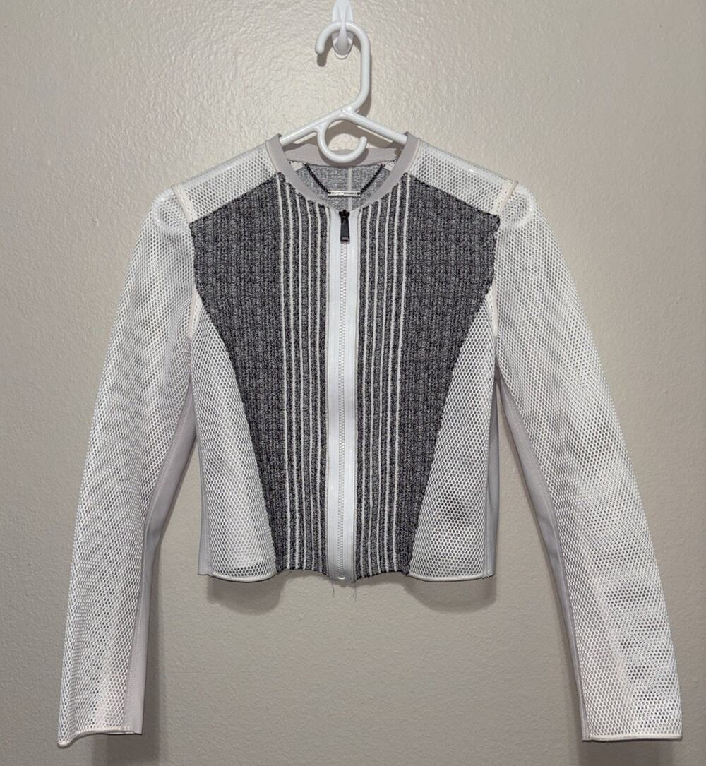 Elie Tahari Cropped Zip Jacket Mesh Sleeves Gray/White Women 6